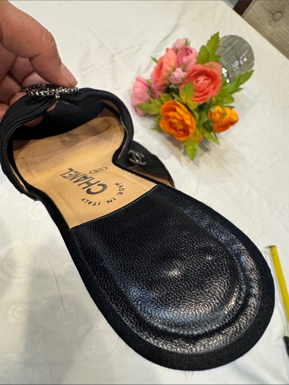 Authentic CHANEL Black Satin Crystal CC Logo Mule Heels - Picture 5 of 9